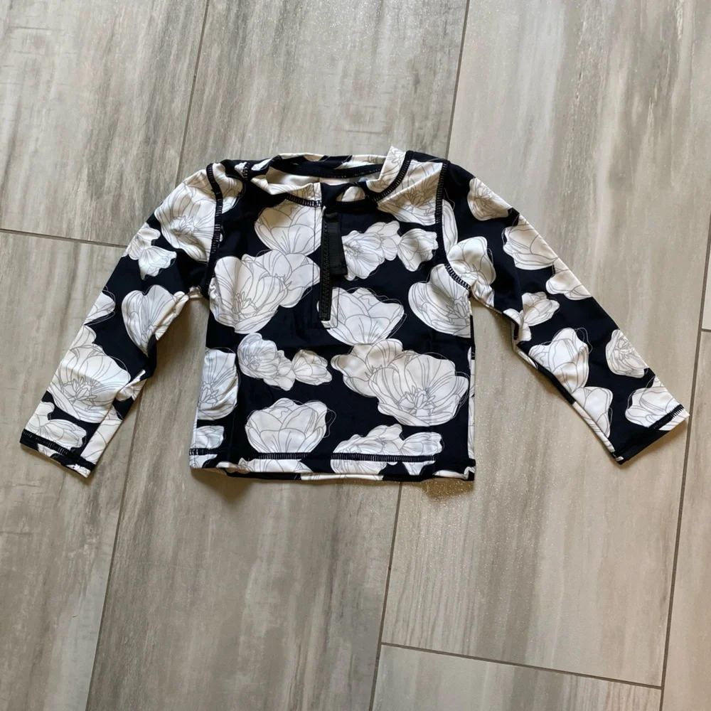 Ruffle Butts Black and White Floral Long Sleeve Bikini Set